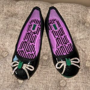 Wicked Black Patent Ballet Flats with Rhinestone Bow. Size Girls 12.
